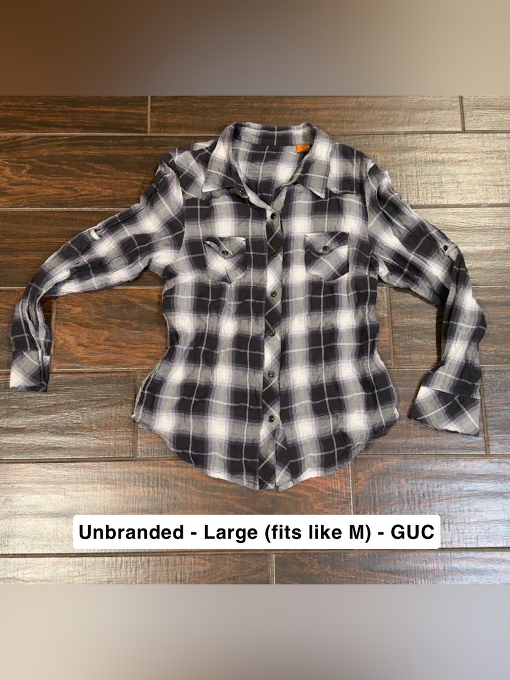 Black White Plaid Button Up Womens Shirt Flannel Cotton Spandex Size Large